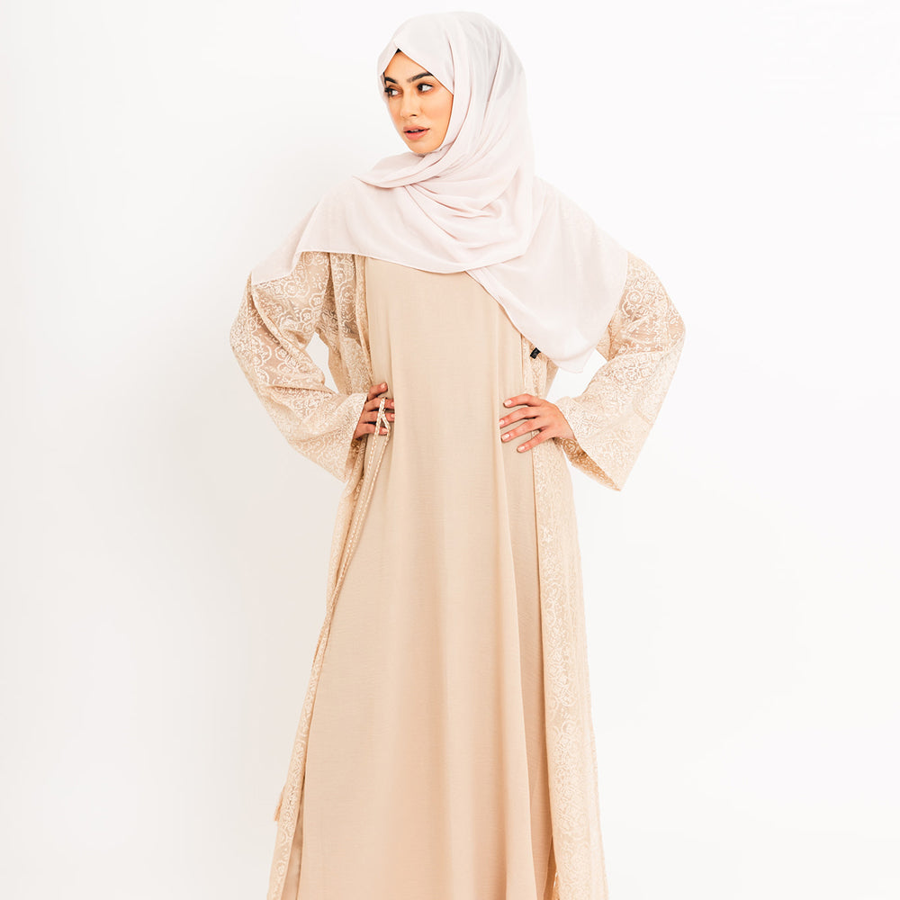 Cremefarbene offene Abaya aus Spitze